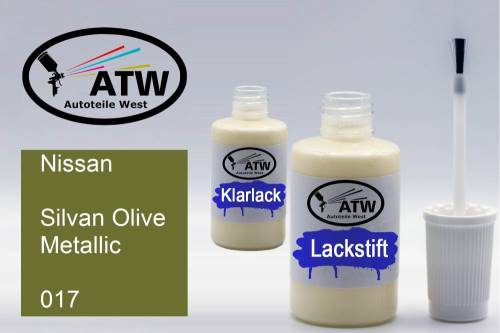 Nissan, Silvan Olive Metallic, 017: 20ml Lackstift + 20ml Klarlack - Set, von ATW Autoteile West.